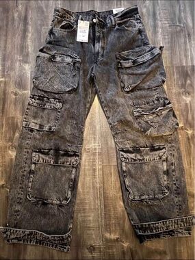 Washed Black Cargo Pants with Multiple Pockets